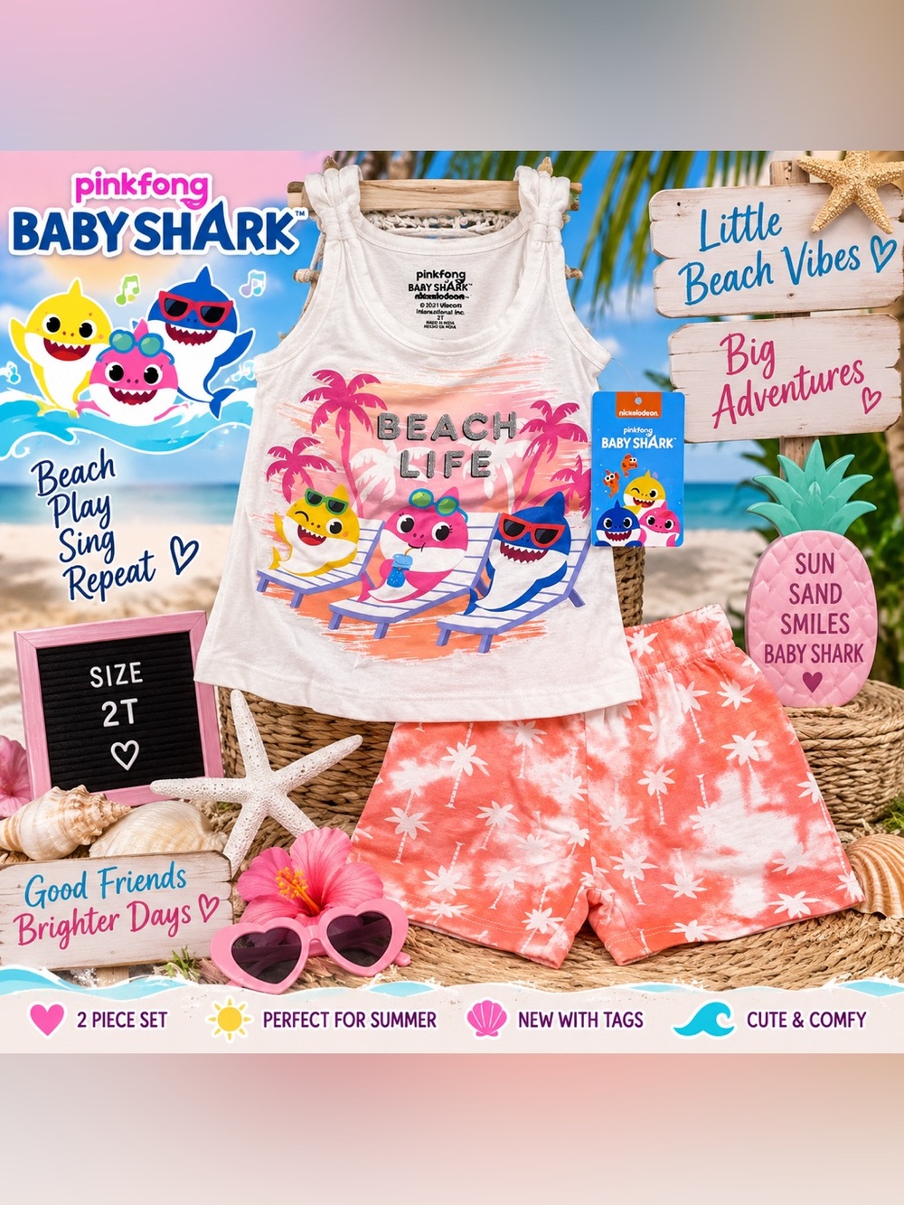 Baby Shark Girls 2T Beach Life Tank Top & Shorts 2-Piece Outfit Peach Set NWT